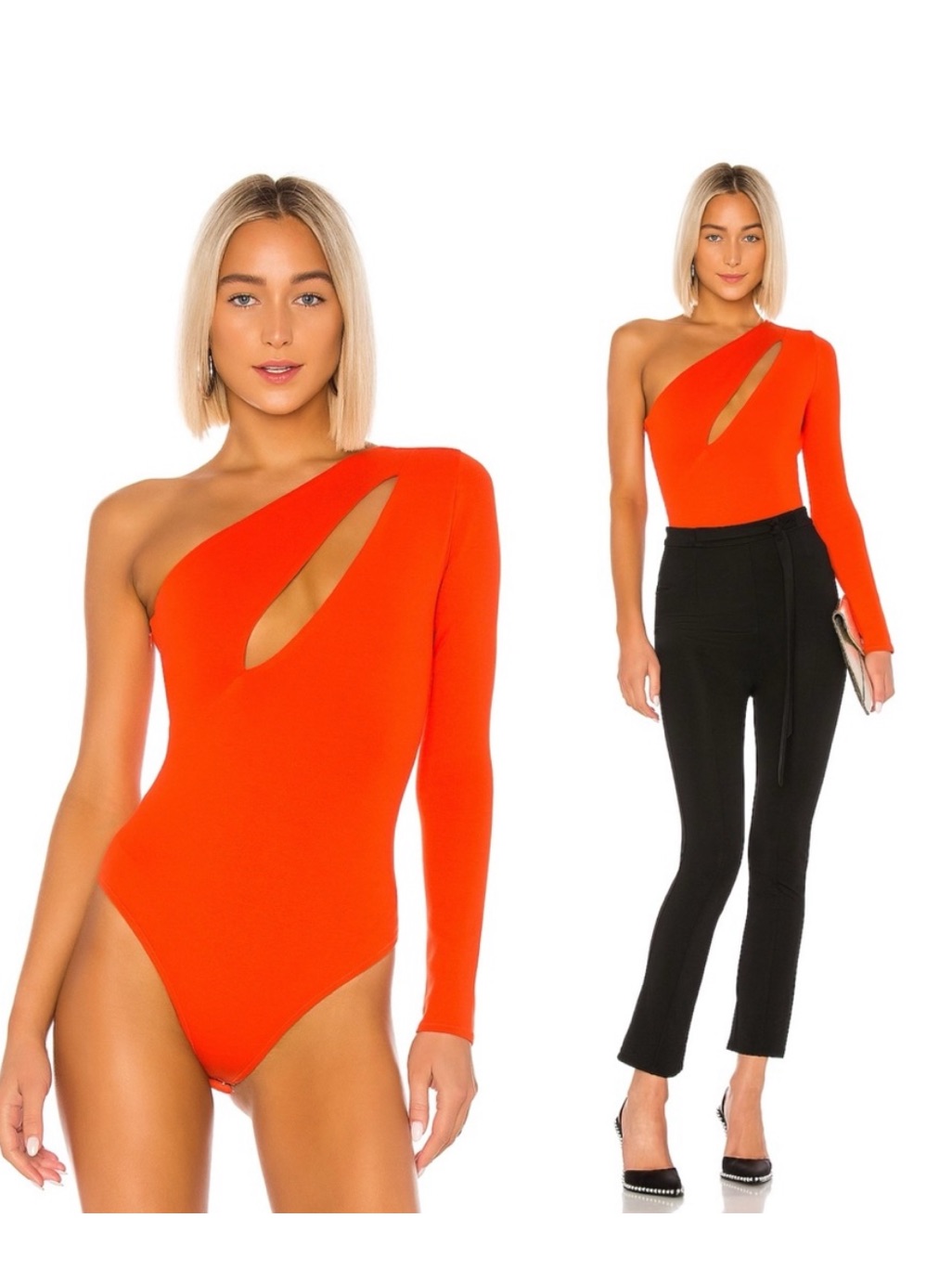 Nbd One-Shoulder Cutout Long-Sleeve Bodysuit In Orange